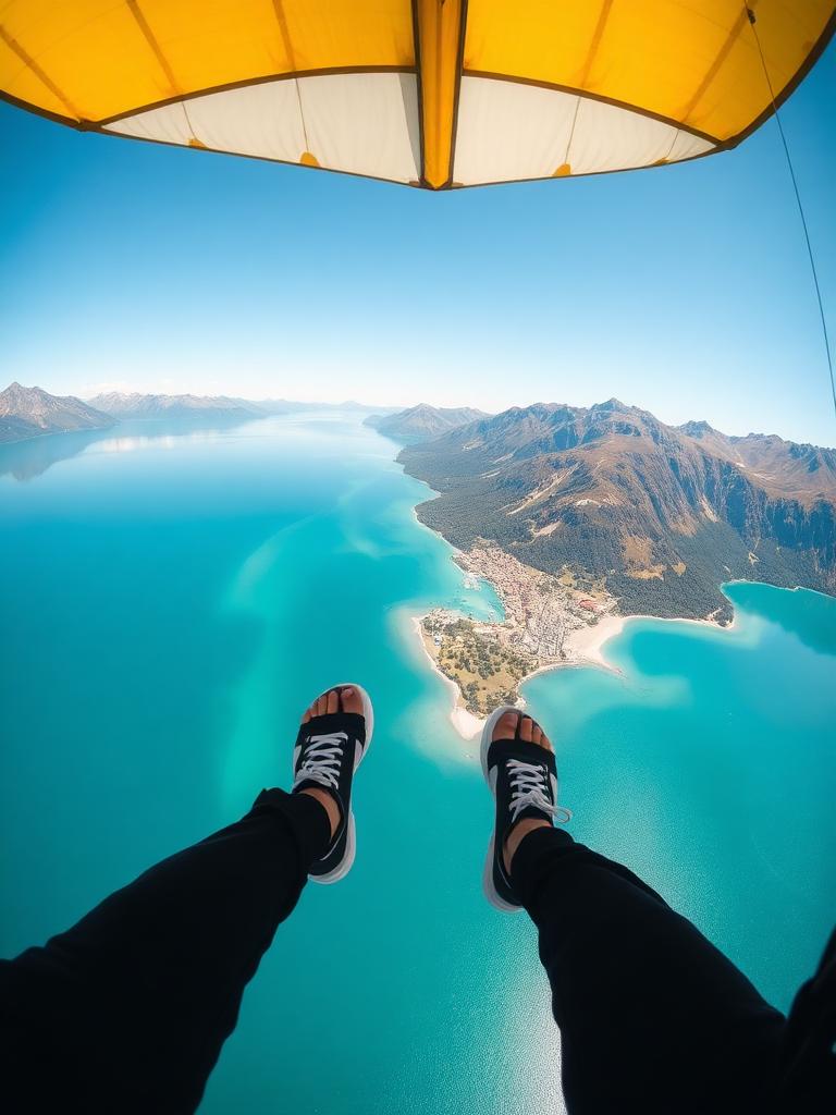 Blick nach unten auf den türkisen See während des Flugs