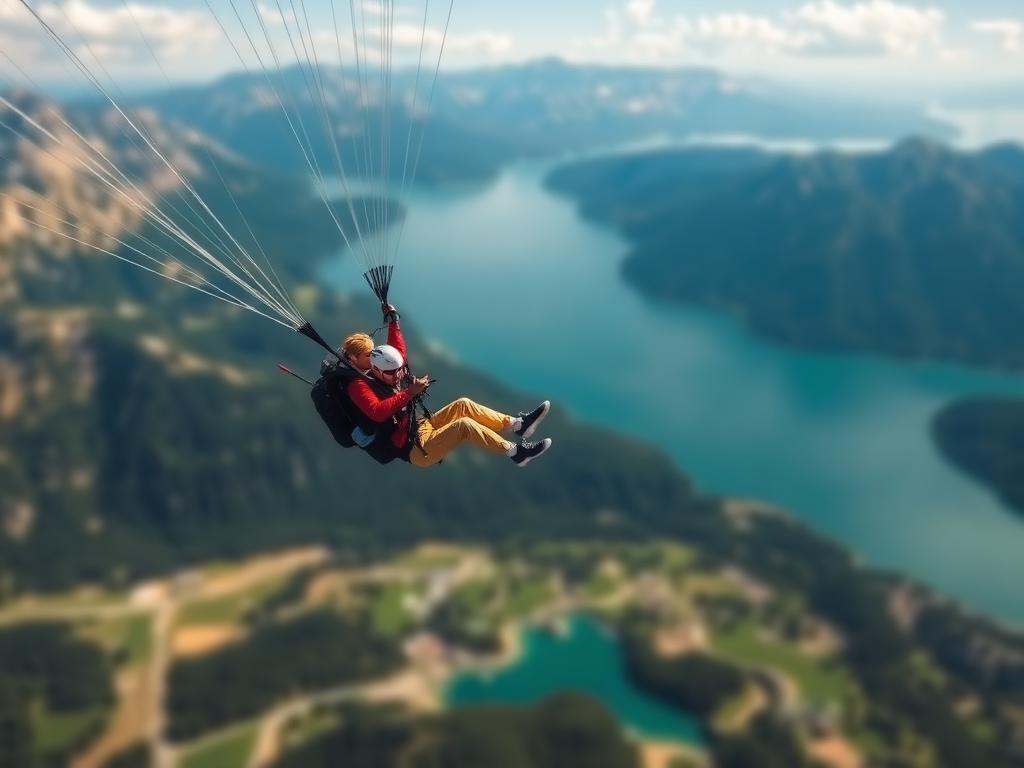 Gleitschirm in einer steilen Kurve über dem Tal