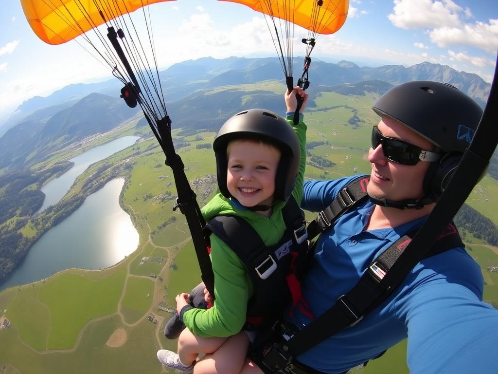 Kind mit Helm fliegt gemeinsam mit einem Tandempiloten
