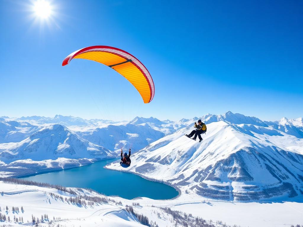 Tandemflug über verschneite Berge im Winter